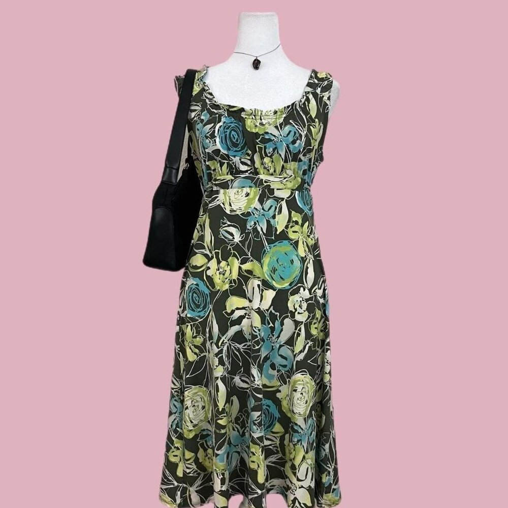 Green and blue floral y2k midi dress